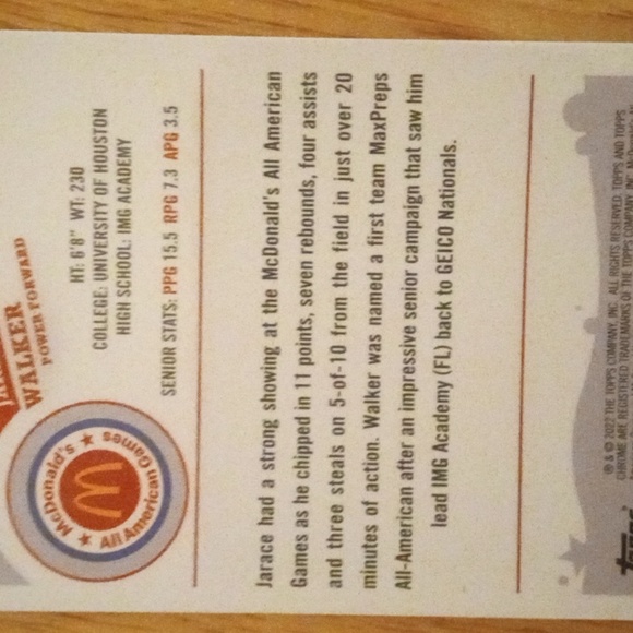 2022 Topps McDonalds All American Jarace Walker #2K6-12 - Picture 3 of 3